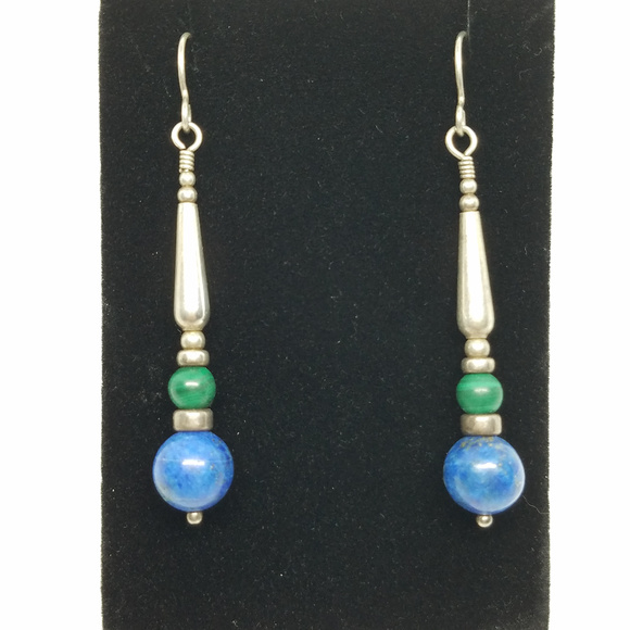 Vintage Jewelry - Sterling Silver Blue Agate & Green Stone Earrings